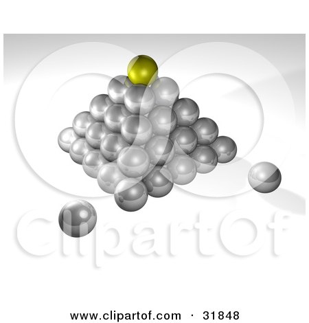 Clipart Illustration of a Yellow Ball On Top Of A Pyramid Of Silver Balls, On A Gray And White Background, Symbolizing Success, Leadership And Management by AtStockIllustration