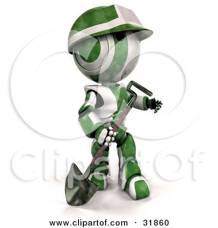 Clipart Illustration of a 3D Green And White AO-Maru Robot Worker With A Hardhat, Carrying A Shovel And Looking Off To The Right by Leo Blanchette