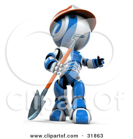 Clipart Illustration of a 3D Blue And White AO-Maru Construction Worker Robot With A Hardhat And Shovel Looking Up And Off To The Right by Leo Blanchette