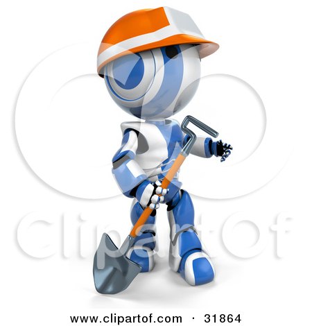 Clipart Illustration of a 3D Blue And White AO-Maru Construction Worker Robot Wearing An Orange Hardhat, Carrying A Shovel And Looking Off To The Right by Leo Blanchette
