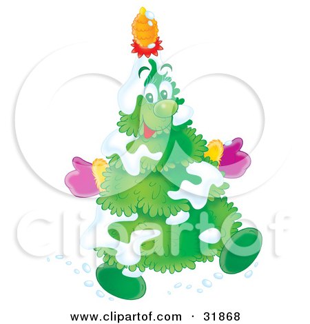 Clipart Illustration of a Jolly Snow Flocked Christmas Tree Wearing Mittens, A Pinecone On His Head by Alex Bannykh