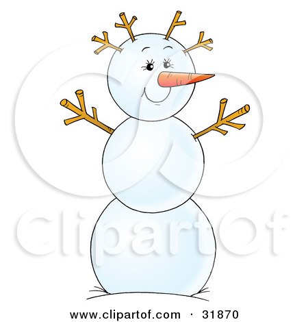 Clipart Illustration of a Friendly Snowman With A Carrot Nose And Twig Arms And Hair by Alex Bannykh