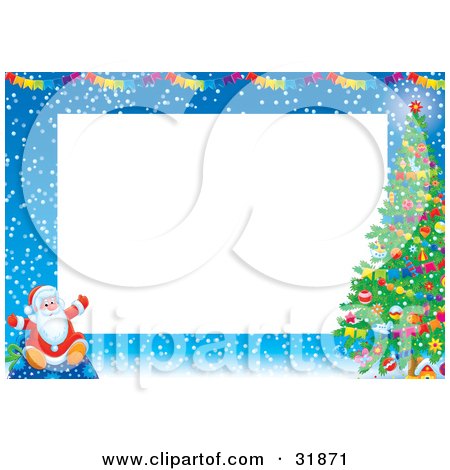Clipart Illustration of Santa Claus Sitting On A Toy Sack In The Snow Near A Christmas Tree Under Banners On A Stationery Border by Alex Bannykh