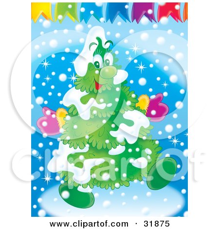 Clipart Illustration of a Happy Christmas Tree Flocked In Snow, Wearing Mittens And Walking Under Banners by Alex Bannykh