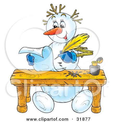 Clipart Illustration of a Happy Snowman Seated At A Table, Writing Letters With Ink And A Quill by Alex Bannykh