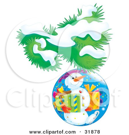 Clipart Illustration of an Ice Skating Snowman Carrying Presents On A Christmas Bauble Suspended From A Tree Branch by Alex Bannykh