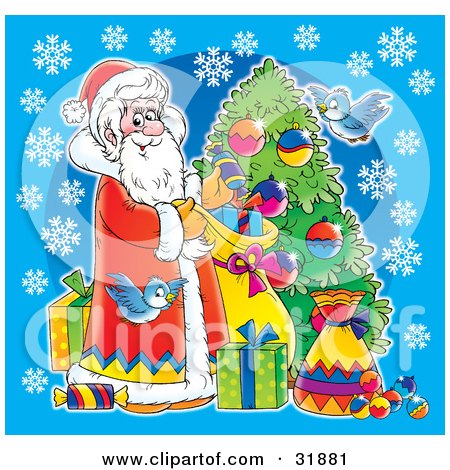 Clipart Illustration of St Nick And Blue Birds Decorating A Christmas Tree And Leaving Presents, On A Blue Background With Snowflakes by Alex Bannykh
