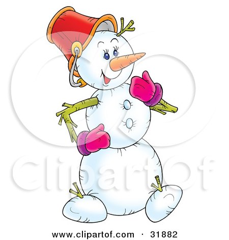 Clipart Illustration of a Friendly Snowman Wearing Mittens And A Pail For A Hat by Alex Bannykh