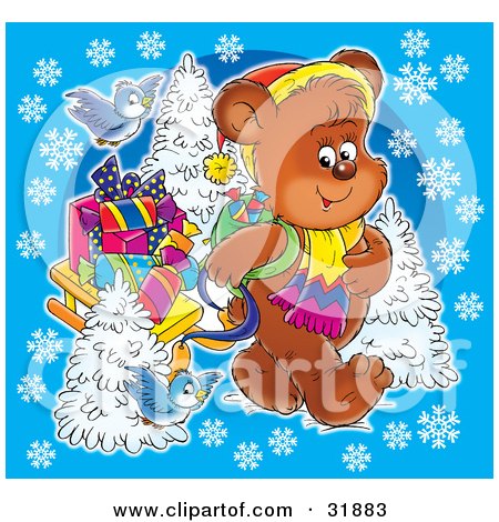 Clipart Illustration of Bluebirds Following A Bear As He Pulls A Sled Of Christmas Presents Over A Blue Background With Snowflakes And Flocked Trees by Alex Bannykh