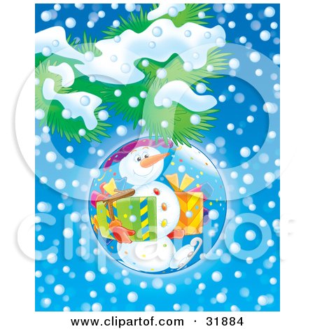 Clipart Illustration of a Snowman Carrying Presents And Ice Skating On A Christmas Bauble Hanging From A Tree Branch, Over A Snowy Blue Background by Alex Bannykh