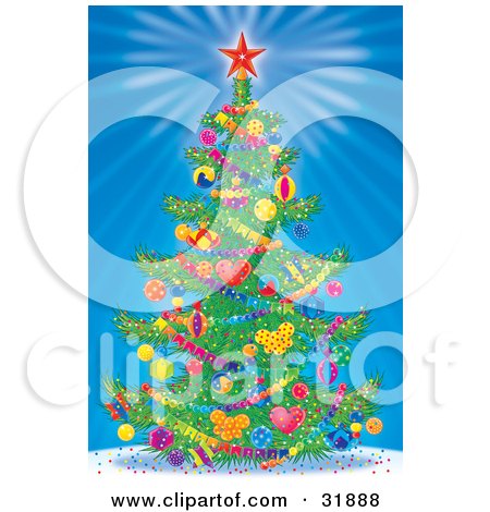 Clipart Illustration of a Decorated Christmas Tree With A Red Star On Top, Garlands And Ornaments, Over A Bursting Blue Background by Alex Bannykh