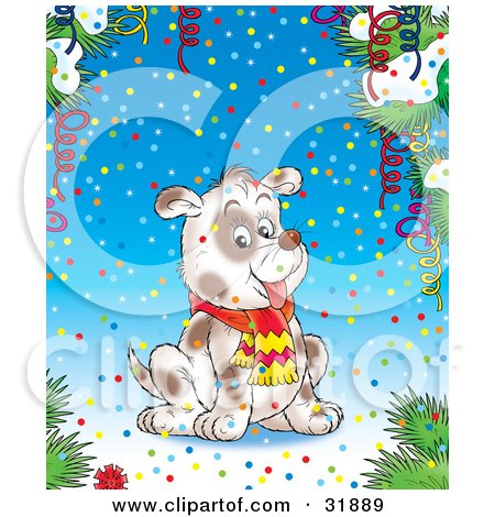 Clipart Illustration of a Happy Puppy Wearing A Scarf, Surrounded By Colorful Confetti, Streamers And Flocked Tree Branches On A Blue Background by Alex Bannykh
