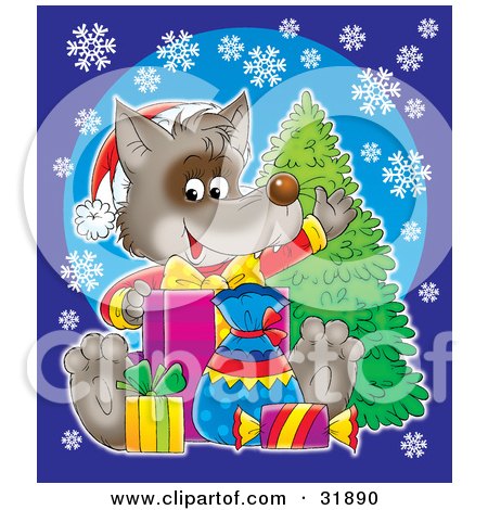 Clipart Illustration of a Happy Wolf Wearing A Santa Hat And Waving While Opening Presents, Over A Blue Background With Snowflakes And A Tree by Alex Bannykh