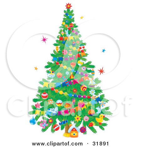Clipart Illustration of a Little House Under A Decorated Christmas Tree With Ornaments And Garlands, On A White Background With Colorful Stars by Alex Bannykh
