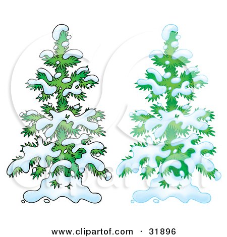 Clipart Illustration of Two Snow Flocked Evergreen Trees, One With An Airbrush Appearance by Alex Bannykh