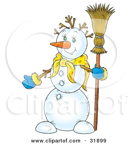 Clipart Illustration of a Friendly Snowman Wearing A Scarf And Mittens, Holding A Broom by Alex Bannykh