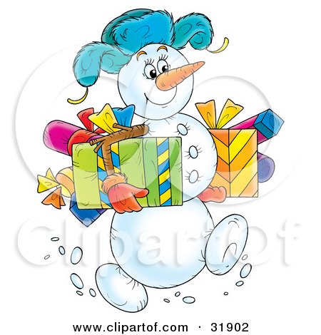 Clipart Illustration of a Jolly Snowman Wearing A Hat, Carrying Gifts In Both Arms by Alex Bannykh