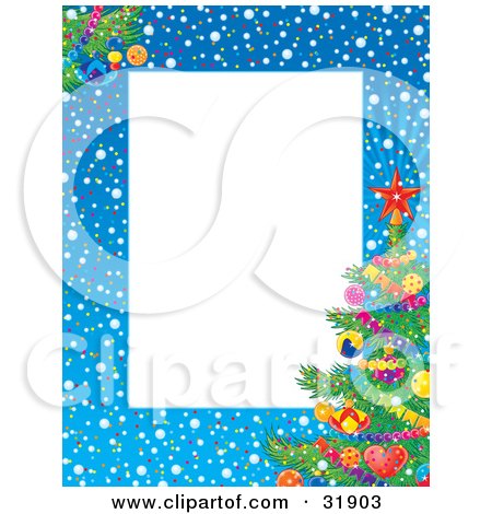 Clipart Illustration of a Stationery Border Of Snow, Confetti And A Decorated Christmas Tree Around A White Text Box by Alex Bannykh