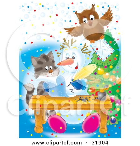 Clipart Illustration of an Owl Flying With An Envelope Over A Kitten Watching A Snowman Writing A Letter by Alex Bannykh