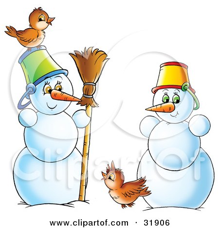 Clipart Illustration of Two Friendly Snowmen Wearing Pail Hats, Standing With A Broom And Two Brown Birds by Alex Bannykh