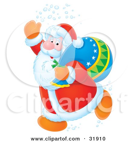 Clipart Illustration of Kris Kringle Running Through Snow And Waving While Running Past With A Toy Sack by Alex Bannykh