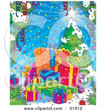 Clipart Illustration of Streamers And Confetti Framing A Scene Of Presents Near A Flocked Christmas Tree by Alex Bannykh