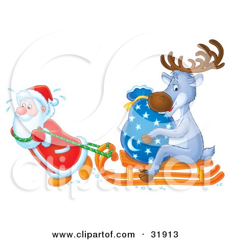 Clipart Illustration of St Nick Breaking A Sweat While Pulling A Toy Sack And Reindeer On A Sled by Alex Bannykh