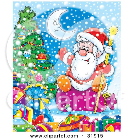 Clipart Illustration of St Nick Holding A Staff And Sitting On A Sack Near A Christmas Tree And Gifts Under A Crescent Moon On A Snowy Night by Alex Bannykh