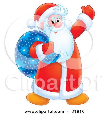 Clipart Illustration of Santa Claus In His Red Suit, Smiling And Waving, A Blue Toy Sack Slumped Over His Shoulder by Alex Bannykh