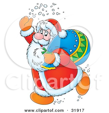 Clipart Illustration of Kris Kringle Waving While Running Past, A Toy Sack Slumped On His Shoulder by Alex Bannykh