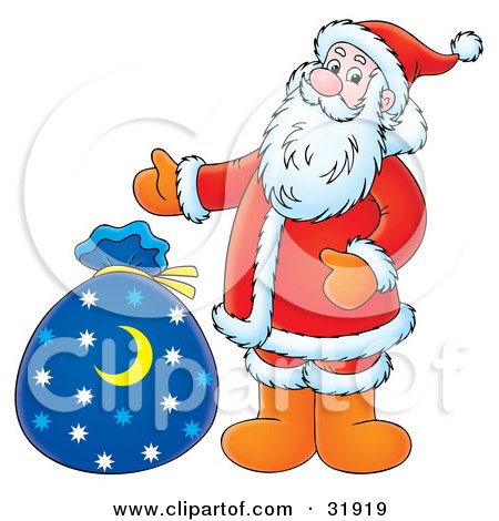 Clipart Illustration of Kris Kringle Smiling And Gesturing Towards A Blue Toy Sack With A Crescent Moon And Star Pattern by Alex Bannykh