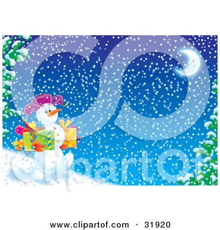 Clipart Illustration of a Happy Snowman Walking Downhill Past Flocked Trees, Carrying Gifts On A Snowy Winter Night With A Crescent Moon by Alex Bannykh
