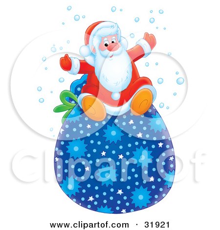 Clipart Illustration of Santa Claus Having Fun And Sitting On Top Of A Blue Star Patterned Toy Sack In The Snow by Alex Bannykh