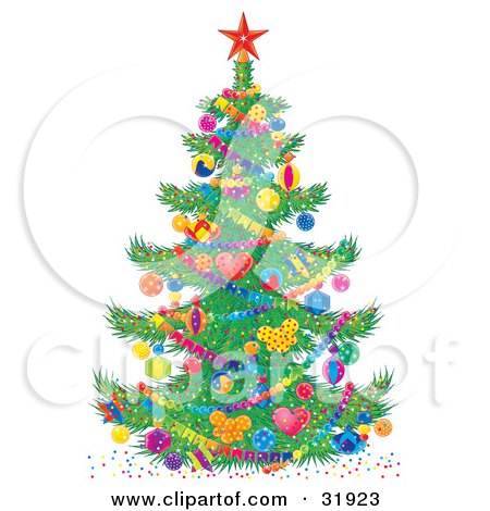 Clipart Illustration of a Colorful Decorated Christmas Tree With A Red Star On Top, Baubles And Garland by Alex Bannykh