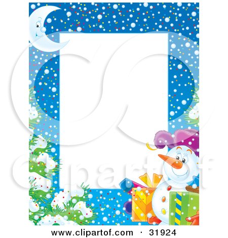 Clipart Illustration of a Stationery Border Of A Crescent Moon, Flocked Tree, Snow And Snowman Carrying Gifts, With A White Space For Text by Alex Bannykh