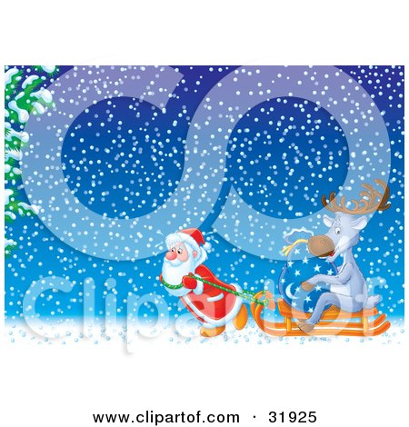 Clipart Illustration of St Nick Sweating While Struggling To Pull A Reindeer And Toy Sack On A Sled Through A Snowy Winter Night by Alex Bannykh