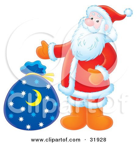 Clipart Illustration of Santa Gesturing Towards A Blue Toy Sack With A Crescent Moon And Star Pattern by Alex Bannykh