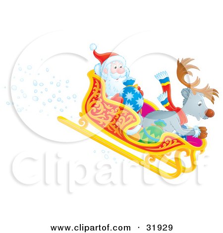 Clipart Illustration of Santa Claus And A Reindeer Having Fun Riding Downhill In A Sleigh by Alex Bannykh