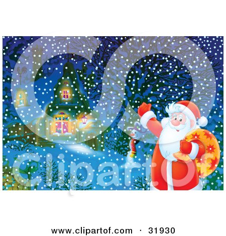 Clipart Illustration of Santa Claus Waving And Carrying A Sack Of Toys, Standing Near A Snowman In Front Of A Home On A Snowy Christmas Eve by Alex Bannykh