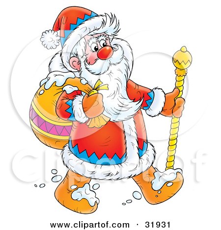 Clipart Illustration of St Nick Carrying His Sack Over His Shoulder And Using A Cane, Walking Through Snow by Alex Bannykh