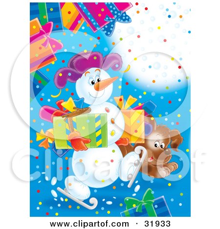 Clipart Illustration of a Brown Puppy Running Along An Ice Skating Snowman Carrying Presents by Alex Bannykh