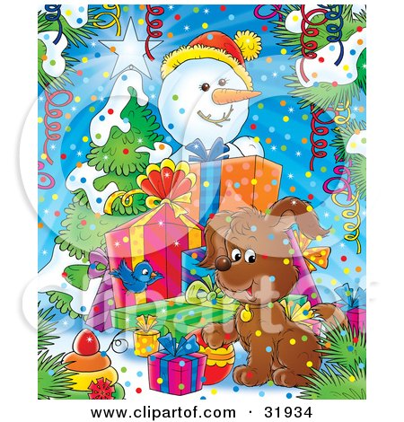Clipart Illustration of a Snowman Standing Behind A Stack Of Christmas Gifts Near A Tree, Watching A Puppy And Blue Bird by Alex Bannykh