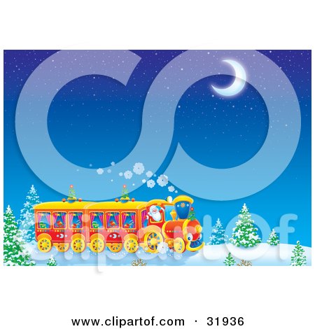 Clipart Illustration of Santa Claus Driving A Train Through A Snowy Landscape With Trees, Under A Starry Night Sky With A Crescent Moon by Alex Bannykh