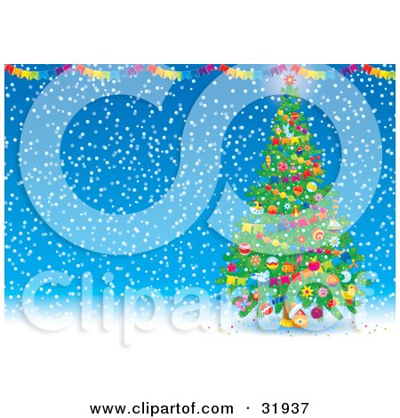 Clipart Illustration of a Decorated Christmas Tree With Garlands And Ornaments, Under Colorful Banners On A Blue Snowing Background by Alex Bannykh