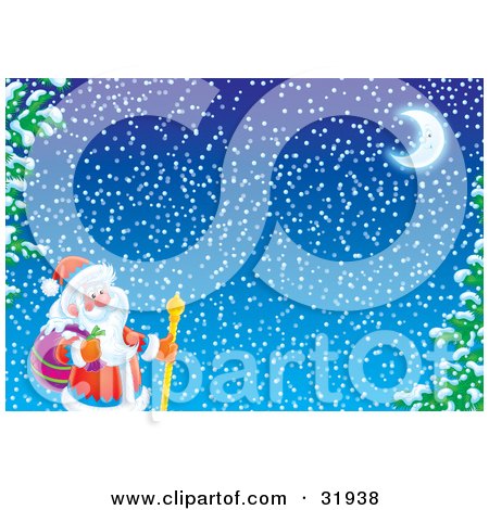 Clipart Illustration of St Nick Walking With His Sack And Staff On A Snowy Winter Night With Flocked Trees Under A Crescent Moon by Alex Bannykh