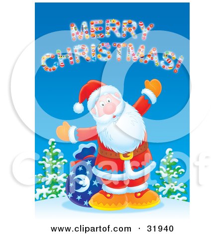 Clipart Illustration of Kris Kringle Standing On A Hill With His Toy Sack, Holding His Arm Open Under A Merry Christmas Greeting by Alex Bannykh