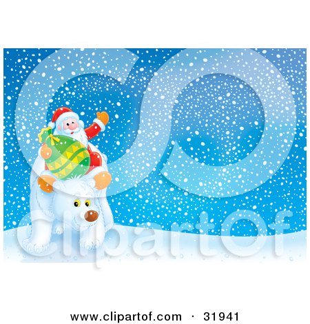 Clipart Illustration of Kris Kringle And A Toy Sack Riding On A Polar Bear Through The Arctic On A Snowy Night by Alex Bannykh