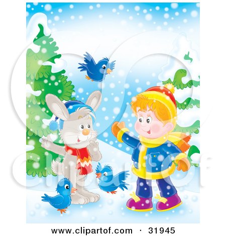 Clipart Illustration of a Little Boy Playing With Bluebirds And A Rabbit Outside In The Snow by Alex Bannykh