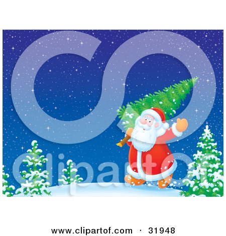 Clipart Illustration of Kris Kringle Waving And Carrying A Freshly Cut Christmas Tree Over His Shoulder Through A Snowy Winter Landscape by Alex Bannykh