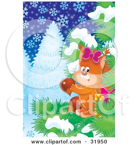 Clipart Illustration of a Female Squirrel Wearing A Bow, Gathering Acorns In An Evergreen Tree, Against A Snowing Winter Background by Alex Bannykh